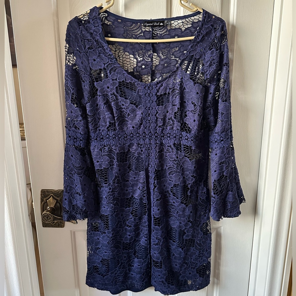 Crystal Doll Navy Lace Long Sleeve Dress